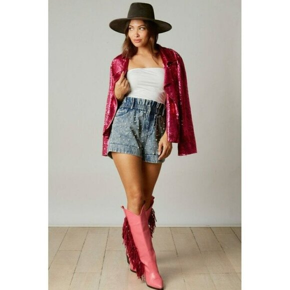 Pearly Girly Era Pearl Paperbag Shorts in Denim - Picture 7 of 7